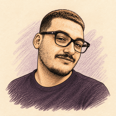 Hand-drawn portrait of Alberto Maschietto wearing black glasses