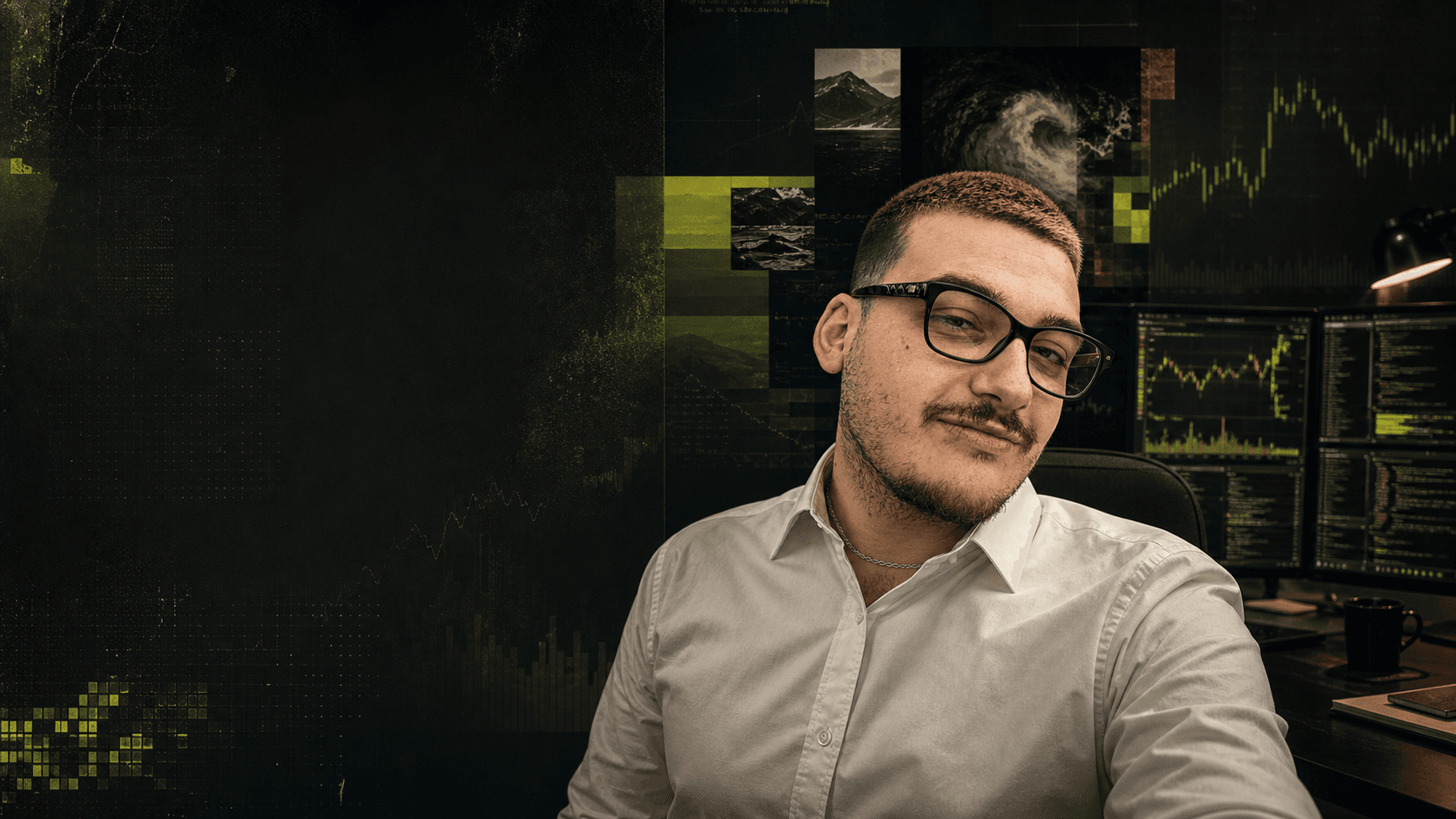 Editorial portrait of Alberto in a dark trading and code environment